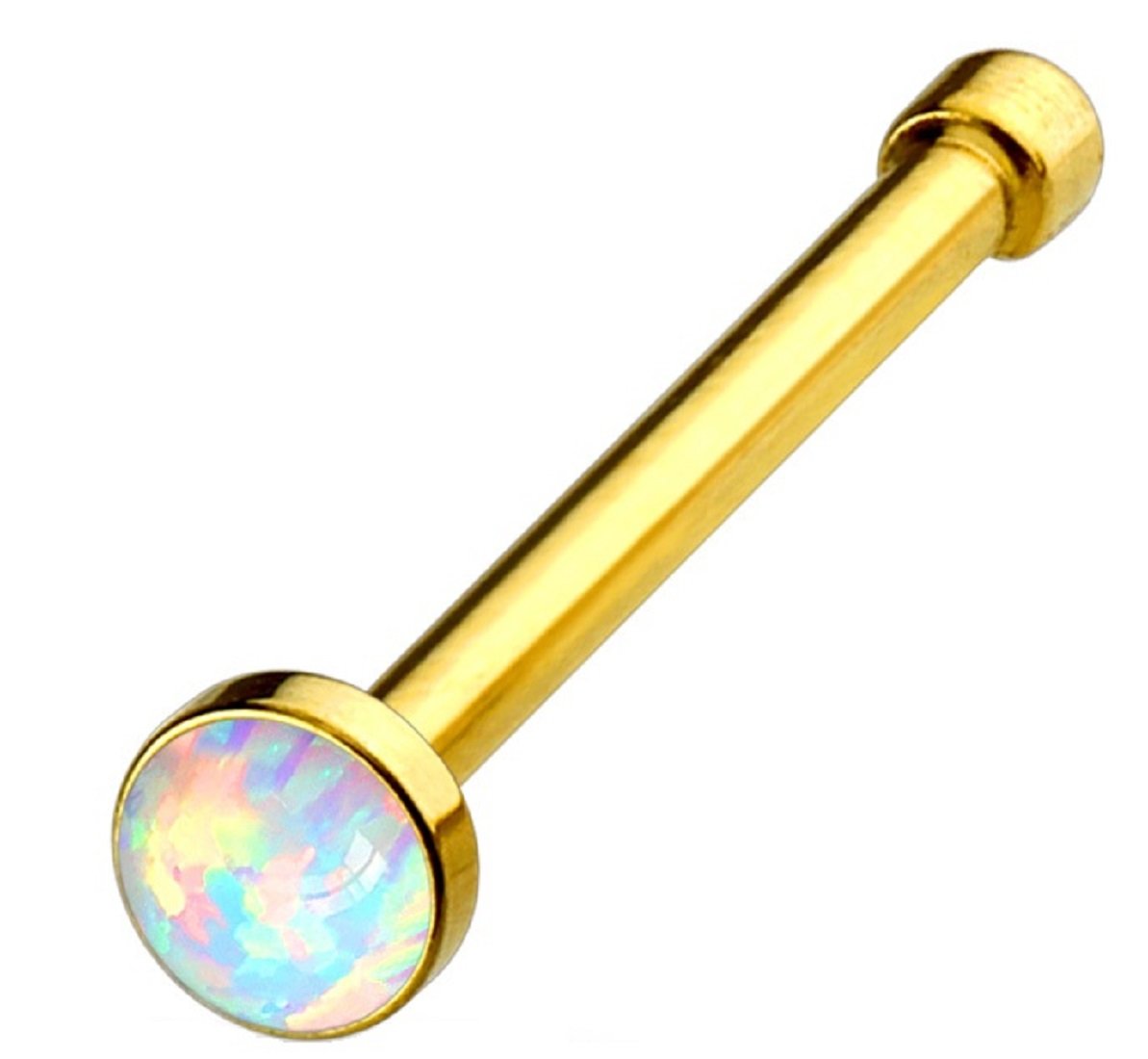 PiercedOff Gold Tone IP over 316L Surgical Steel Nose Bone Stud with Flat White Synthetic Opal Head - Thickness 20GA (0.8mm) / Length 6mm / Head Size 2.5mm