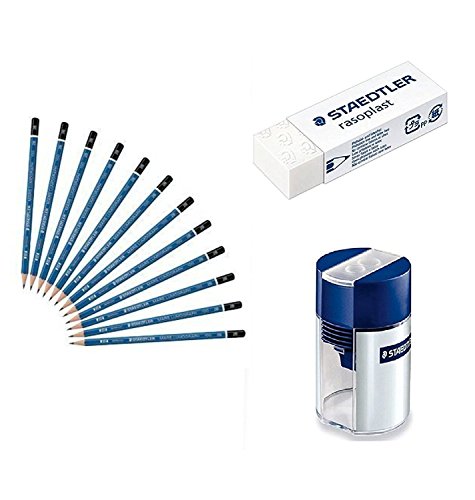9B Staedtler Mars Lumograph Wooden Pencils with Staedtler Tub Sharpener and Rasoplast Eraser