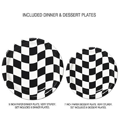 Checkered Flag Party Supplies - 65 Pieces - Nascar Racing Flag Themed - Race Car Wavey Black & White Checkered Birthday Kit - Dinner & Dessert Plates & Napkins Cups Balloons & Flag Banner - Serves 8