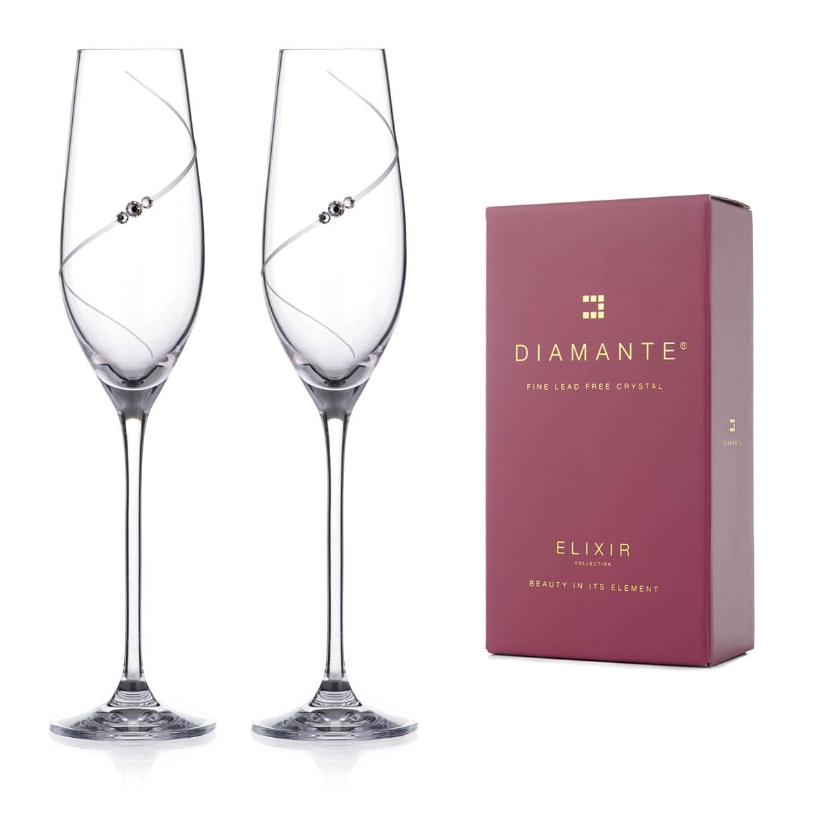 DIAMANTE Set of 2 Champagne Flutes Prosecco Glasses Pair with ‘Silhouette’ Hand Cut Design Embellished with Swarovski Crystals