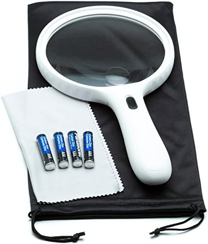 Giant Magnifying Glass Bundle: Includes Lighted 5.5 Inch 2x Hand Magnifying Glass with Zoom + Bag, Cloth, Batteries, Bonus, Guarantee; Durable &amp; ideal Extra Large Magnifying Glass for Girls or Boys