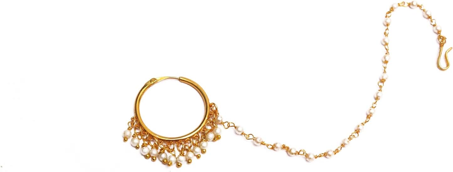 Gold Plat Plain Pearl Pierced Nose Ring Nath Chain Hoop Bridal Muslim Nose Jewel