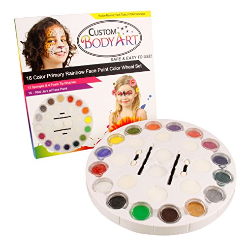 Custom Body Art Face Paint Rainbow Wheel 16 Color Primary Set with 16 Large Face Paint Jars & 16 Piece Applicator Set - Thumbnail 2
