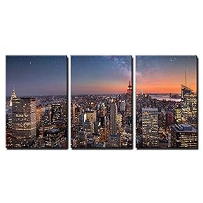 3 Piece Canvas Wall Art - Milky Way Over Manhattan, New York City - Modern Home Art Stretched and Framed Ready to Hang - 16"x24"x3 Panels