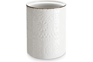 LIFVER Kitchen Utensil Holder, 7.2″ White Farmhouse Utensil Holder for Kitchen Counter, Extra Large Kitchen Utensil for Countertop, Heavy Ceramic Utensil Crock for Christmas Décor, Cork Mat