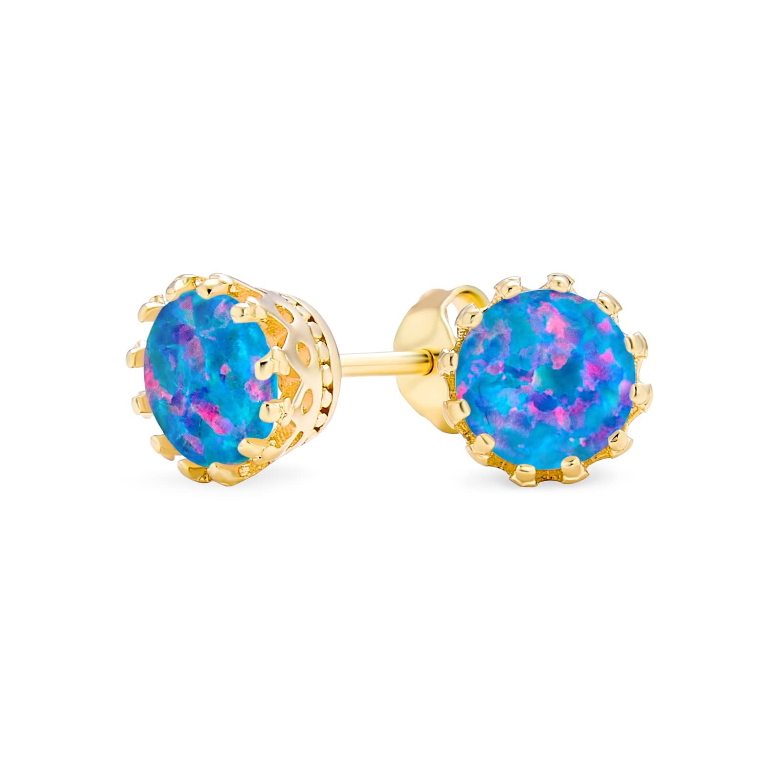 Iridescent Crown Setting Created Blue Black Opal Solitaire Crown Stud Earrings Gold Plated .925 Sterling Silver Iridescent 6MM October Birthstone — image 1