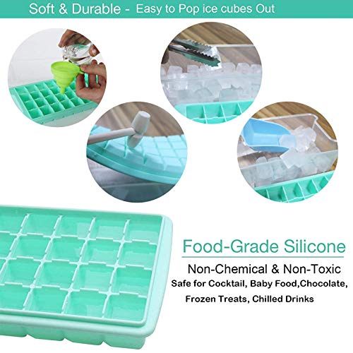 FADIKX Silicone Ice Cube Tray With Lid 36 Ice Cube Molds With Scoop Ice Tongs Silicone Funnel & Wooden Hammer Ice Box Container for Freezer,Chilled Drinks, Whiskey, Cocktail, Food(Blue or Green))