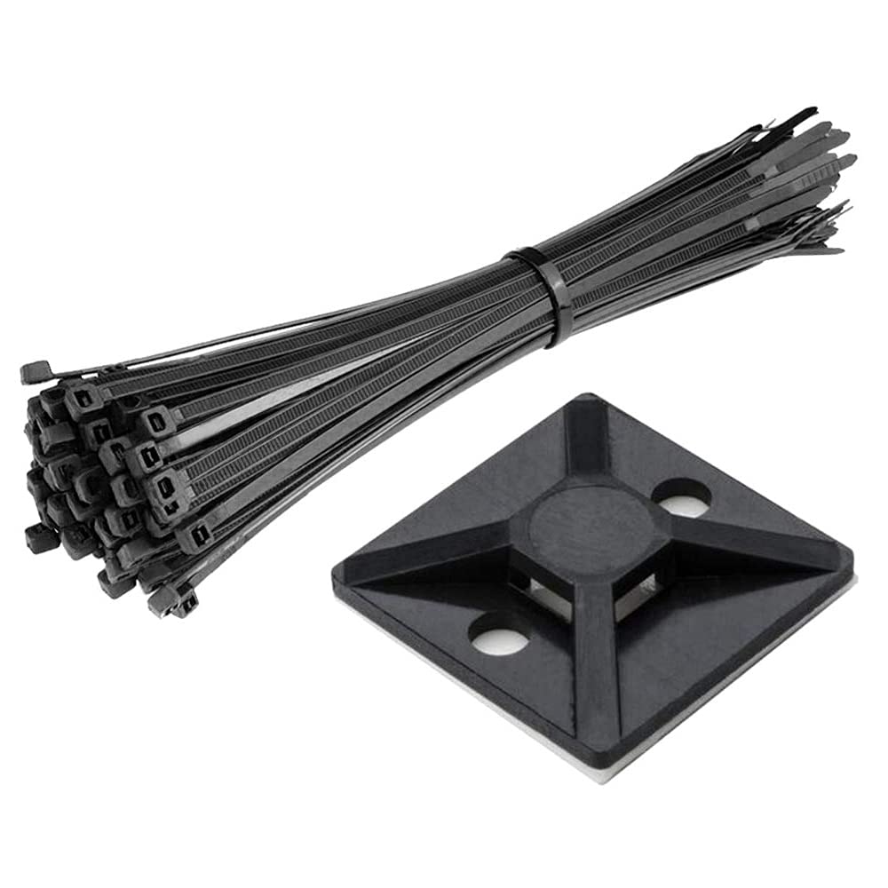 YOFASEN Cable Ties with Adhesive Mounts - 100pcs Cable Zip Ties Heavy Duty Self Adhesive Cable Tie Base Holders for Wire Cord Management (Black), 150x3.6mm