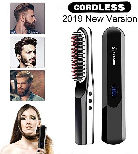 Beard Straightener, Beard Straightener Brush Comb Hair Straightener Brush for Men & Women, USB Rechargeable 2 in 1 Beard Comb Straightener, Portable Cordless Beard For Travel, Black
