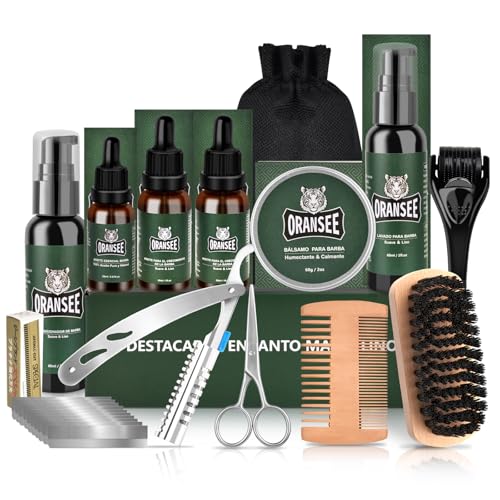 OranSee Kit Cuidado Barba 14 en 1 para Hombre, Incluye Aceite, Bálsamo, Champú, Rodillo Microagujas, 2 Cajas de Hojas, Maquinilla Plumas, Mejor Regalo Perfecto Originales para Hombre o Papa