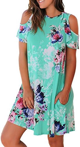 Sisiyer Women's Summer Casual Floral Print Ruffled Cold Shoulder Short Sleeve Mini Dress Mint Medium