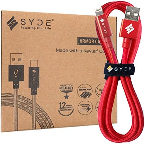 Syde ARMOR Lightning Cable with Durable DoubleNylon Braided Fast Charging Cable Built to MilitarySpecifications for Apple iPhone iPad iPod 5ft Red