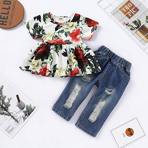 Girls Floral Shirt,SMALLE◕‿◕ 2019 Baby Girls Floral Dress Tops+Hole Denim Jean Kids Clothes Sets White