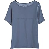 Soojun Women's Cotton Linen Round Collar Boxy Top Patchwork Blouses