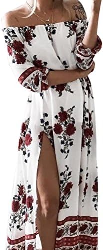 KESI Off Shoulder Long Dress Casual Split Dress for Women Maxi Sleeves Beach Dresses (M, White)