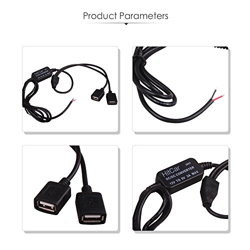 HitCar Car Hard Wire Power Cord Extension Cable Charger Kit Dual USB Female Plug DC 12V to 5V 3A 15W Power Inverter Regulator Converter for GPS Tablet Phone PDA DVR Camcorder VCR Recorder Camera