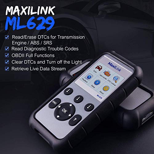 Autel Scanner MaxiLink ML629 OBD2 Code Reader With AutoVIN Function+ABS/SRS/Engine/Transmission Diagnostic Scan Tool, Turns Off Engine Light (MIL) and ABS/SRS Warning Lights, Upgraded Version of ML619