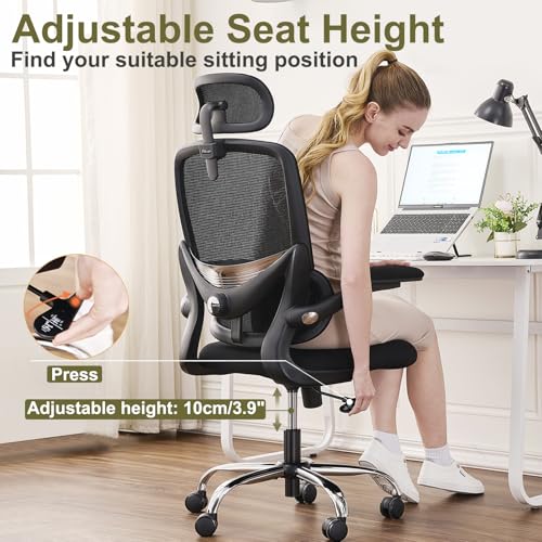 TONFARY Ergonomic Home Office Chair, High Back Mesh Desk Chair with Adjustable Lumbar Support, Flip-up Armrest, Removable Headrest, Swivel Computer Gaming Chair, Space Saving, 150KG (Black)