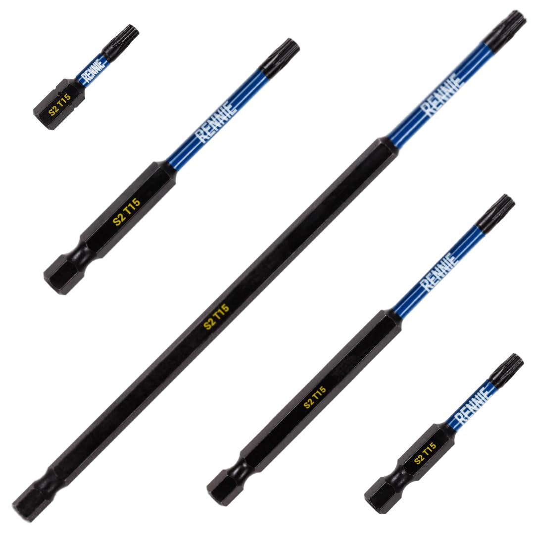 5 x Rennie Tools T15 TX15 Impact Screwdriver Driver Bits Set x 32mm/50mm/75mm/100mm/150mm Long. Heavy Duty Magnetic Torx Screwdriver Bit Set. Oxide Coated Torx Impact Driver Bits.