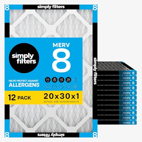 Simply 20x30x1 Air Filter, Merv 8, 12 Pack, For Home AC Furnace & HVAC (Actual…