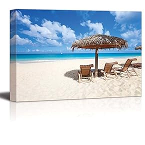 Canvas Prints Wall Art - Chairs and Umbrella on a Beautiful Tropical Beach at Anguilla, Caribbean Sea | Modern Home Deoration/Wall Art Giclee Printing Wrapped Canvas Art Ready to Hang - 12" x 18"