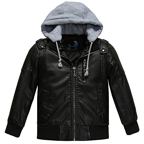 Budermmy Boys Removable Hood Faux Leather Jacket Outdoor Winter Coat Black Size 12