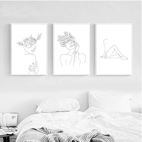 Amazon シンプルさ線画ポスターと印刷黒白抽象的な花の女性アートワークキャンバス絵画壁アート画像家の装飾40x60cmx3非フレーム ウォールステッカー オンライン通販