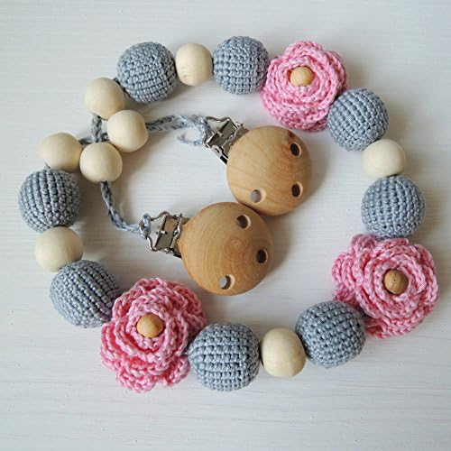 Grey Stroller Toy with 3 Pink Flower, Baby Rattle, Teething Ring, Eco-friendly Stuffer, Cotton Yarn, Wooden Beads