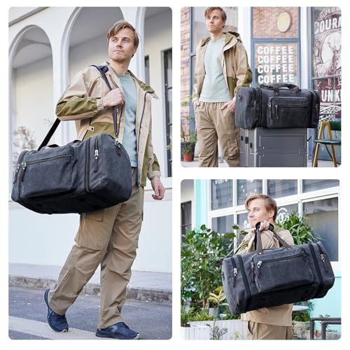 EKOROMIER 55L Canvas Travel Bag for Men - Expandable Weekend Bag - Carry-on Luggage for Gym, Short Trip and Flight