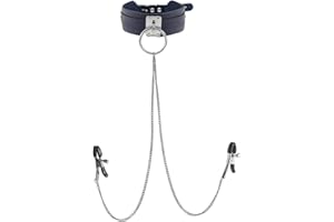 Neck Collar&Nipple Clamps Metal Clip Stainless Steel Non Piercing Nipple Rings with Choker Chain Restraint Body Piercing (B)