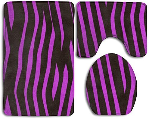 Happy Christmas Bathroom Accessories Bath Rug Sets 3 Piece Bathroom Non-Slip Floor Rug Zebra Purple And Black Stripe Print Style Pedestal Rug + Lid Toilet Cover + Bath Mat For Kids Women