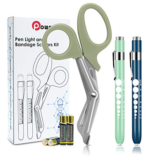 Medical Pen Light and Green Bandage Scissors 3 Pack, Two Reusable LED
