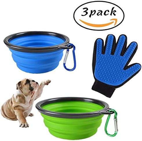 2-Pack Portable Collapsible Dog Bowl Food Grade Silicone BPA Free Suitable for pet cats and dog drinking water feeding portable travel bowl Including Pet Hair Remover Glove - Gentle Pet Grooming Glove