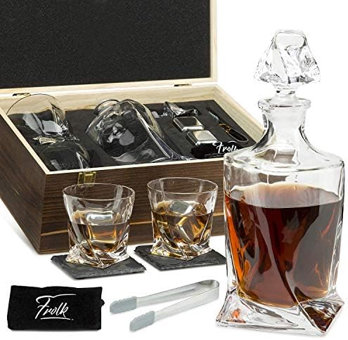 Whiskey Decanter and Stones Gift Set for Men - Whiskey Decanter, 2 Twisted Whiskey Glasses, 2 XL Stainless Steel Whisky Cubes, 2 Slate Coasters, Special Tongs & Freezer Pouch in Pinewood Gift Box