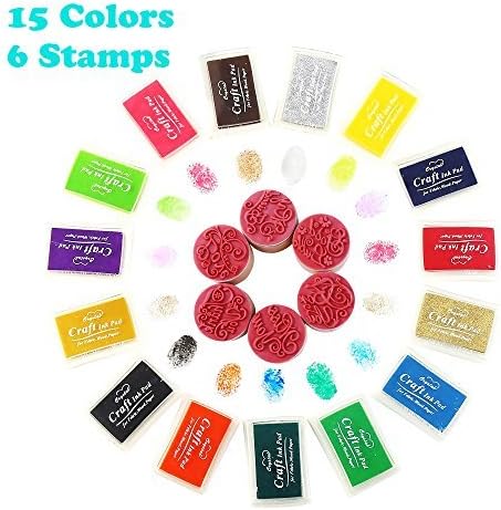 Ink Pad Stamp Set Wooden Rubber Round Stamps Craft DIY Scrapbooking Decoration 15 Colors Ink Pad+6pcs Stamps-onepalace
