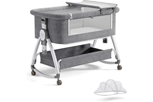 bonbay Baby Bassinet, Bedside Bassinet for Baby, 4 in 1 Portable Bassinet Bedside Sleeper with Wheels Mosquito Net & Storage Basket, 6 Height Adjustable Rocking Bassinet for Newborn Baby