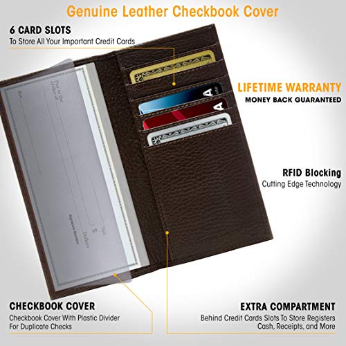 Genuine Leather Checkbook Cover For Women & Men - Checkbook Holder Check Book Covers For Duplicate Checks Card Wallet RFID