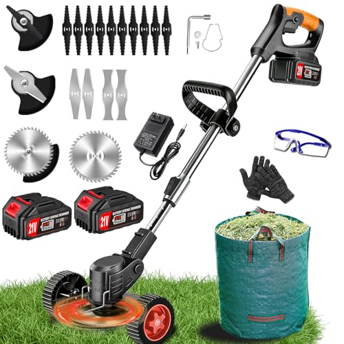 Cordless Weed Wacker Electric Eater Battery Powered with 2 21V Battery Operated, 3 in 1 Stringless Grass Trimmer/Edger/Brush Cutter Wheels Weed Trimmer for Garden Yard