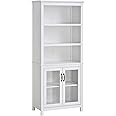 HOMCOM 71" Bookcase Storage Hutch Cabinet with Adjustable Shelves and Glass Doors for Home Office, Kitchen, Living Room, White