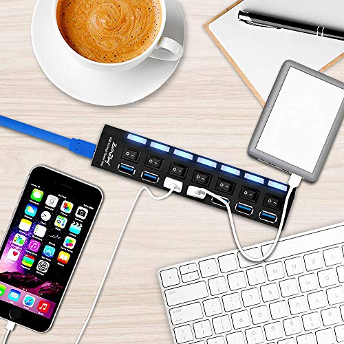 USB 3.0 HUB Splitter for Ps4,2win2buy 7 Port High Speed USB Data Hub Individual On Off Switches & Lights for Laptop PC Computer Mac Flash Drive Playstation 4 Slim Pro (No AC Adapter)