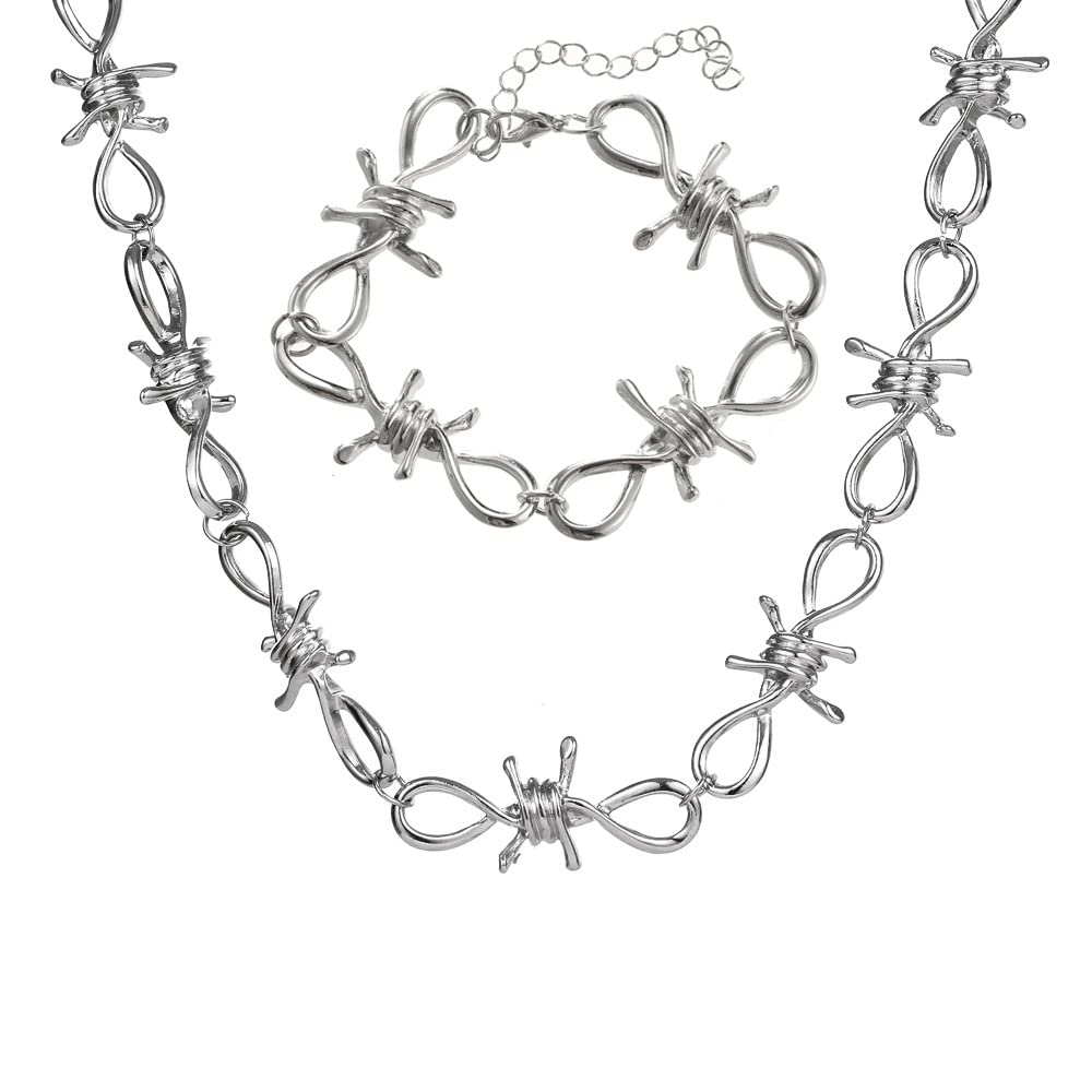 Liitata 2 Pcs Barbed Wire Necklace and Bracelet Set Gothic Thorn Choker Brambles Necklace Punk Hip Hop Rock Jewelry Chain For Men Woman Boys Girls - Silver