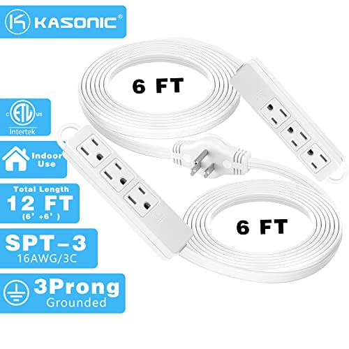 Kasonic 3 Prong 12 Feet Twin Extension Cord Power Strip, 6 Feet on Each