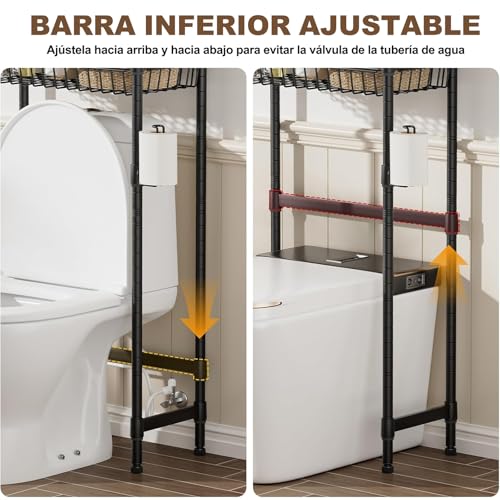 LOKOOY Estantería sobre el Inodoro, Organizador de Baño de 7 Niveles Ajustable, Mueble para Inodoro, Ahorro de Espacio con Ganchos (Negro Moderno)