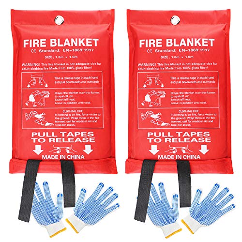 LNQ LUNIQI Fire Blanket Suppression Fiberglass Emergency Blanket Survival Slafety Cover Flame Retardant Blanket with 2 Pairs of Gloves for Kitchen,Fireplace,Car,Office,Warehouse, 2 Pack (40x 40inch)