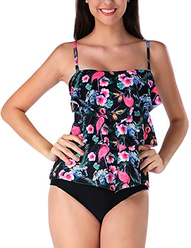 Ladies Tankini Swimsuits Tummy Control High Neck Floral Bikini Set XL Red