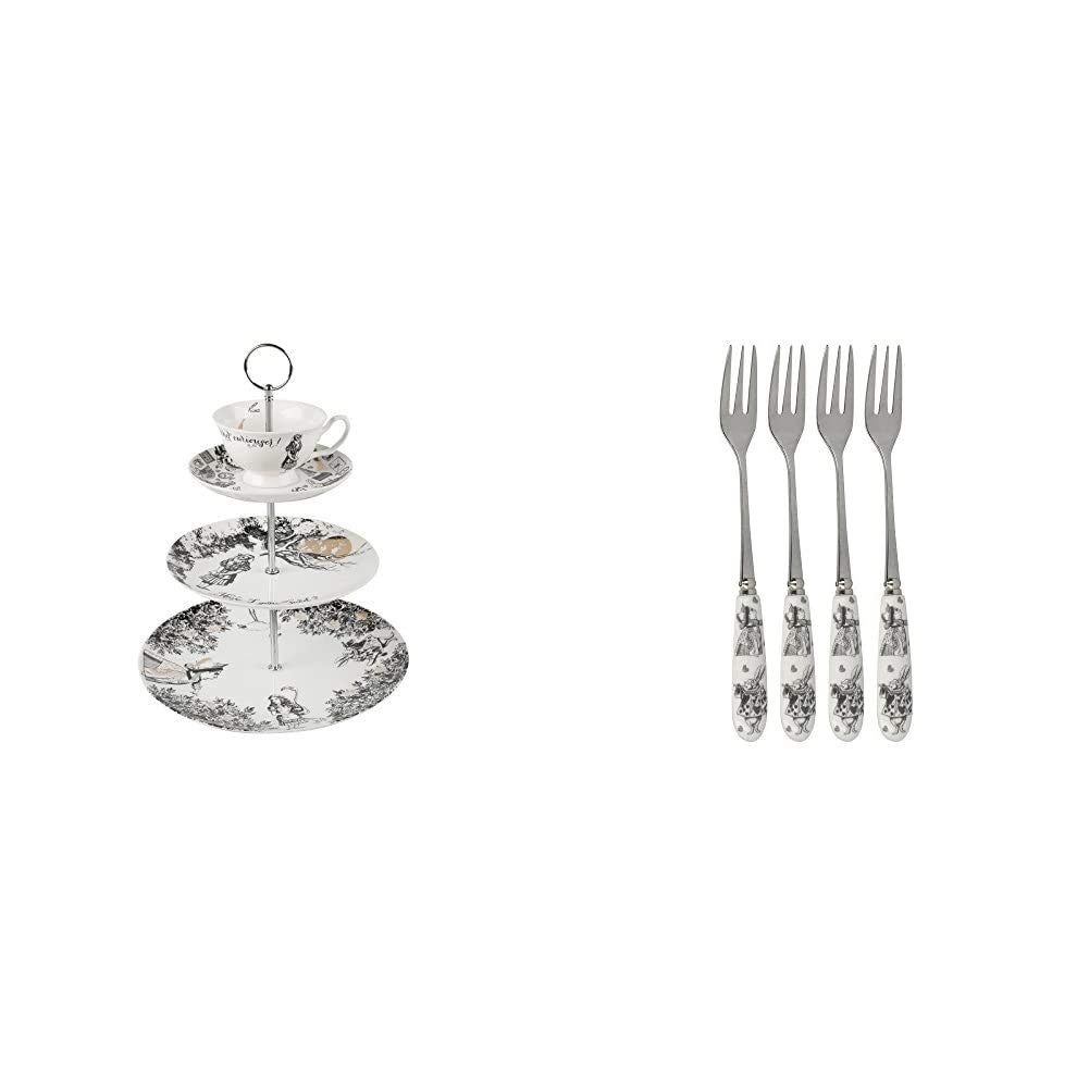 V&A Alice in Wonderland 3-Tier Cake Stand & V&A Alice in Wonderland Stainless Steel Dessert/Pastry Forks with Decorative Porcelain Handles, 15.5 cm - White