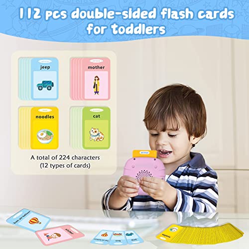 Talking Flash Cards Learning Toys for 2 3 4 5 Year Old Kids Toddler Flash Cards, Educational Toddlers Toys Reading Machine with 224 Words, Preschool Montessori Toys and Birthday Gift for Kids (Pink)