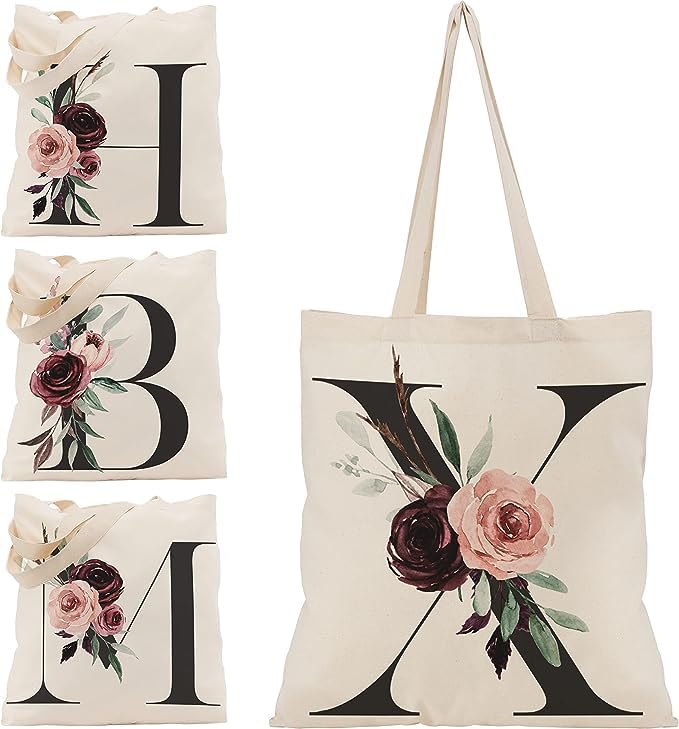 Floral Initial Canvas Bag Gifts for Women - 15"x16" Shoulder Tote Bags for Bridesmaids Hen Party Teacher Gift Shopping Bag C1 (Initial #X)