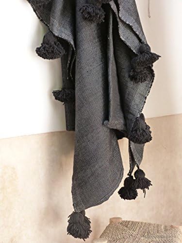 Moroccan Pom Pom Blanket, throw,bedding, bed spread.Black Cotton, handwoven