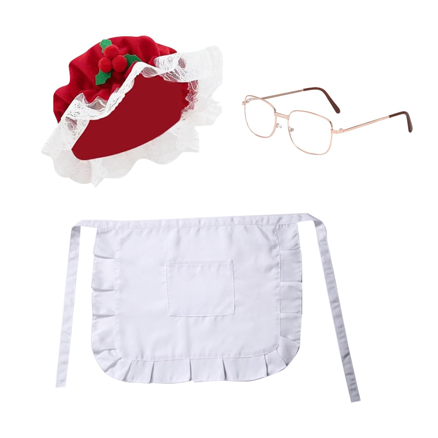 BORFUE 3pcs Christmas Mrs Claus Costume Set Old Lady Hat Grandma Glasses White Apron for Xmas Party Dress Up Accessories